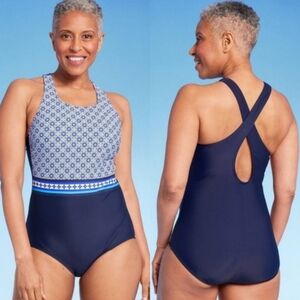 NWOT Lands End Tugless High Neck Floral Geo Print Swimsuit, Size M